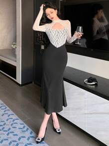 DAZY Color Block Sheer Mesh Lace Patchwork Hollow Out Bodycon Mermaid Dress, Spring Women Long Dress - Black - View 11