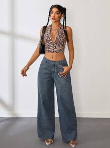 SHEIN Tall Women's Sexy Low Waist Rhinestone Embellished Straight Leg Jeans, Blue