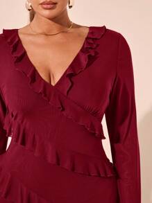 SHEIN BAE 大码长袖浪漫荷叶边连衣裙，适合约会、旅行、秋季、内衣、蝴蝶结、夏装、节日派对服装、优雅、生日服装、网眼、性感连衣裙、大码生日礼服 - 酒紅色 - 查看 7