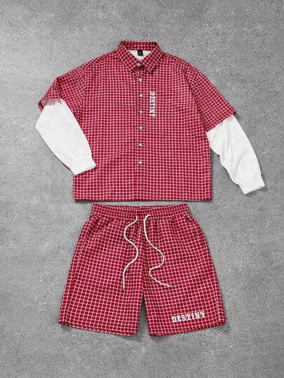PAVTROS Manfinity Streetrush Men's Young Street Style, INS Matching Item: Red Small Check Woven Spliced 2 In 1 Long Sleeve Shirt Set. The Top And Pants Feature 'Destiny' Slogan Prints. This Red And White Color Block High Street Shirt Set Includes A Button-Down Front And Elastic Waist Red Checkered Shorts. Two Pieces Set, Fall Clothes