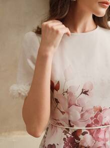 Anewsta Women's Floral Placement Print & Lace Patchwork Tie Waist Elegant Short Dress - White - View 7