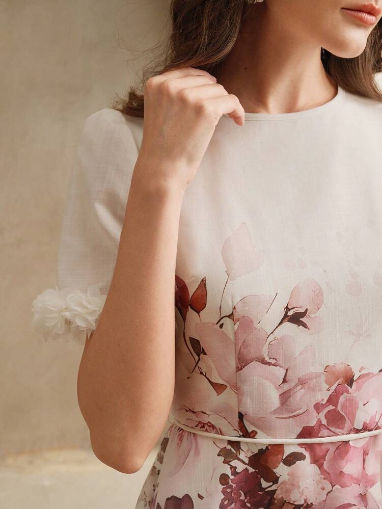 Women's Floral Placement Print & Lace Patchwork Tie Waist Elegant Short Dress