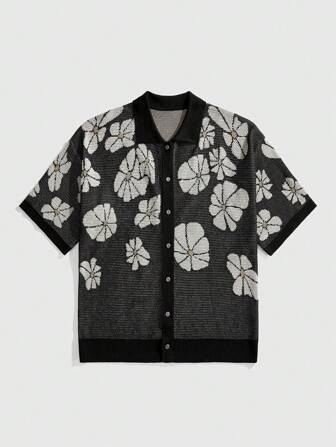 Street Life Top en tricot décontracté pour hommes à manches courtes avec boutons et motif floral