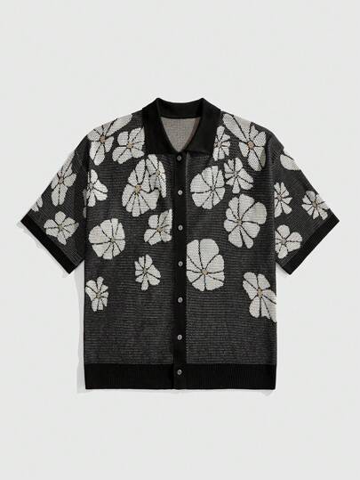 Street Life Men's Button Front Short Sleeve Floral Pattern Detail Casual Knit Top, Vacation