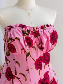 Soleia 大码女式玫瑰花朵印花露肩松紧腰可爱连衣裙，适合秋季度假、返校 - 粉色 - 查看 3