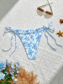 SHEIN MOD 蓝白花卉印花泳装比基尼泳裤，带侧系带下摆面板，适合夏季海滩度假、热带、优雅、度假、性感泳装 - 淺藍色 - 查看 2