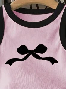 Top de camiseta con estampado de lazo lindo para niña preadolescente, sencillo y de moda para uso casual diario - Rosa - Ver 3