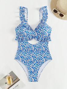 Swim Mod 1pc Ditsy Floral Cut-Out Ruffle Trim One-Piece Swimsuit, Random Print Pattern, Suitable For Beach & Holiday For Summer Beach Vacation