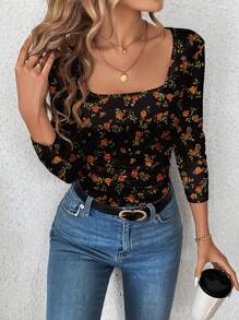 SHEIN LUNE Camiseta de manga larga con cuello en V con estampado de rosas y recogida, adecuada para el verano