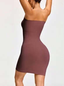 SHAPORA Women Solid Color Tube Top Minimalistic Fitted Short Body-Shaping Dress - Mocha Brown - View 2