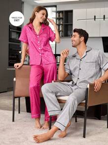 Patterned Faux Silk Notch Collar Open Front Short Sleeve Pants Men Pajama Set - Grey - View 3