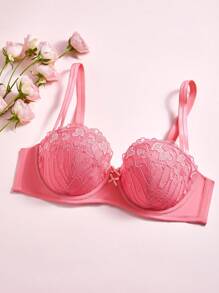 LUVLETTE Lencería elegante bordada en rosa para mujer, ropa de descanso con curvas, sujetador balconette sexy sin forro con encaje en forma de corazón, con aros y transpirable, para novias - Rosa - Ver 13