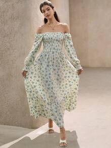 Aveloria Rosie Elegant Square Neck Romantic Blue Ditsy Floral Textured Flare Waist Long Sleeve Dress For Women Boho Vacation Fashionable Style All Over Print