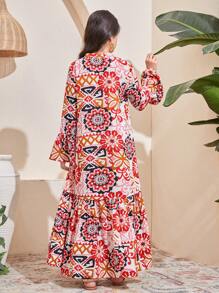 SHEIN Tween Girls Loose Retro Print Long Sleeve Flared Dress - Red - View 8