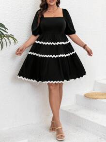 SHEIN Clasi 大码拼色荷叶边下摆 A 字形灯笼袖连衣裙