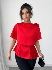 Elenzga Women's Woven Plain Regular Holiday Summer Shirt - Red - View 5