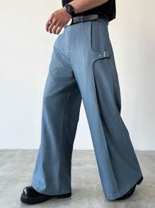 Claim Dot 男士纯色宽松可调节扣式设计休闲西装裤 - 藍色 - 查看 8