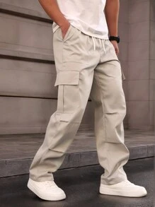 Manfinity Homme Men's Solid Color Drawstring Waist Cargo Pocket Pants, For Back To School