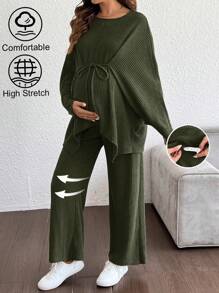 SHEIN 2Pcs/Set Maternity Crew Neck Long Sleeve Tie-Front Top And Pants Set, Simple Design - Army Green - View 1