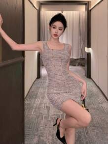 DAZY Plaid Sleeveless Midi Dress For Wedding Party Prom Dress Elegant Vacation - Black - View 5