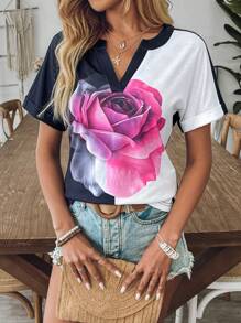 SHEIN LUNE Camiseta elegante ajustada con diseño floral jacquard de cuello en V, moda minimalista casual para uso diario - Multicolor - Ver 3