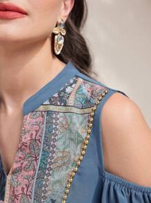 Al Najma 女士花朵拼布露肩优雅阿拉伯连衣裙 - 藍色 - 查看 8