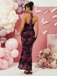 Loomaby Maternity Floral Print Halter Dress, For Baby Shower Party, Valentine's Day, Gender Reveal Dress