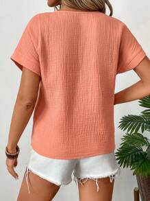 SHEIN LUNE Áo cánh tay ngắn cổ chữ V họa tiết nhăn cho nữ - Màu Cam san hô - Xem 2