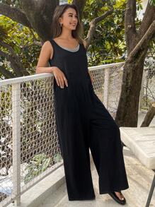 DAZY 简约二合一宽松无袖黑色连体裤家居服，返校服睡衣 - 灰色 - 查看 6