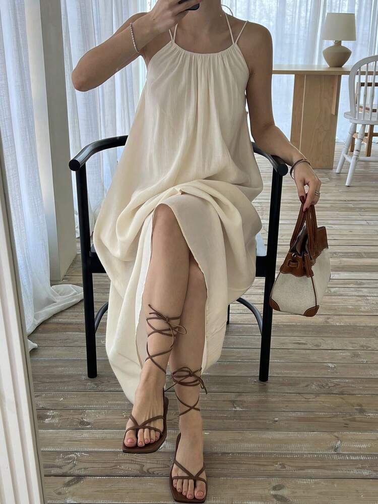 Women's Loose Spaghetti Strap Mid-Length Vacation Dress Sundress,Casual Women Dresses
