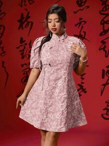 SHEIN LUNE 大码女式农历新年中式 A 字形连衣裙 - 粉色 - 查看 5