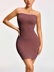SHAPORA Women Solid Color Tube Top Minimalistic Fitted Short Body-Shaping Dress - Mocha Brown - View 7