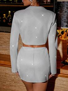 2 Stücke/Set Modisches und sexy glänzendes Crop Top und Mini Rock Set für Frauen - Silber - Übersicht 2