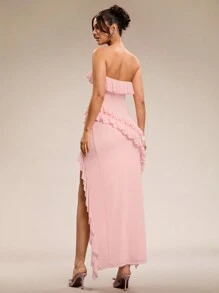 SHEIN BAE Summer Beach Vacation Solid Pink Sexy Backless Lotus Leaf Dress Tube Top Super Long Wedding Dress Bridesmaid Dress Dating Dress Party Dress School Season Dress Holiday Dress Birthday Dress Night Out Dress Summer Outfits For Women/Spring Clothes/Valentine's Day Outfit/Carnival/Beach Vacation Outfits