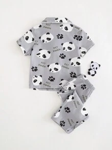 Cozy Pixies 2pcs/Set Baby Boy Cartoon Bear Pattern Lapel Shirt And Elastic Waist Shorts Set