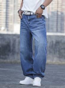 Claim Dot Men's Simple Loose Fit Denim Jeans With Pockets, Casual Everyday Wear - Medium Wash - View 6