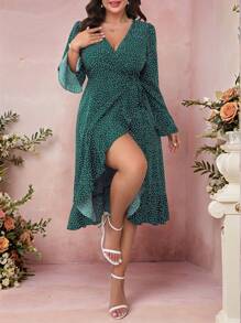 SHEIN Clasi Plus Size Allover Print Deep V Neck Long Sleeve Asymmetrical Hem Dress, For Spring, Valentine's Day - Dark Green - View 1