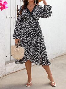 SHEIN LUNE Plus Size Women Lace Patchwork V-Neck Cinched Waist Long Sleeve Ditsy Floral Elegant Dress Fall Cloth For Women - Black - View 5