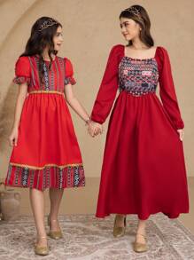 SHEIN Kleid mit Puffärmeln und Retro-Print für Teenager Mädchen - Bordeaux - Übersicht 1