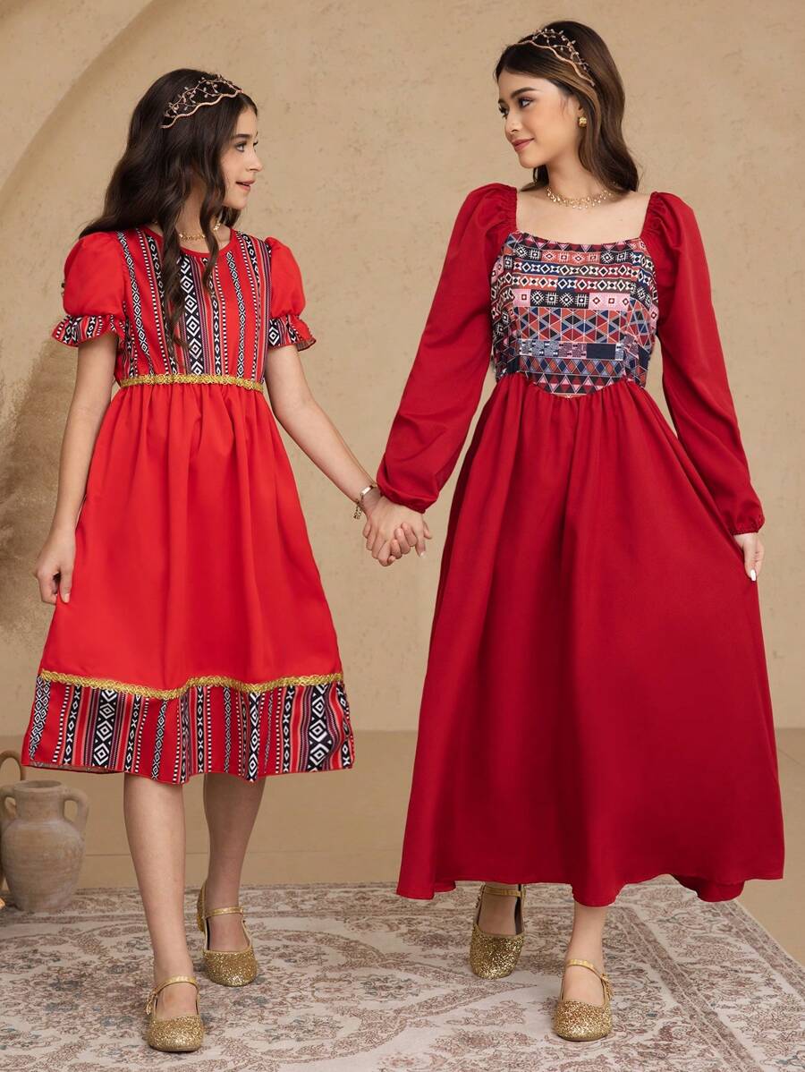 SHEIN Kleid mit Puffärmeln und Retro-Print für Teenager Mädchen - Bordeaux - Übersicht 1