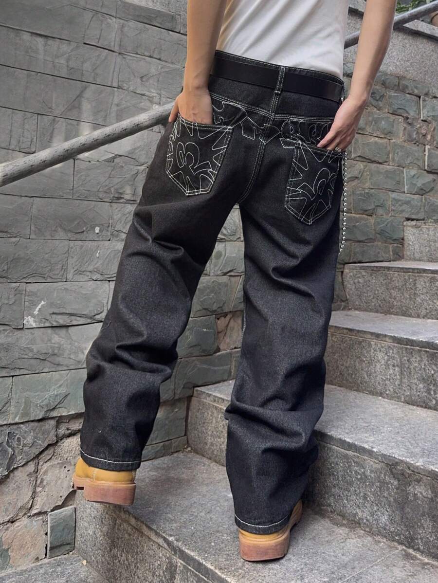 GALLERY FADE Men's Geometric Pattern Pocket Straight Leg Casual Jeans Going Out Hang Out Commute Vacation Street, Grunge - Black - View 1