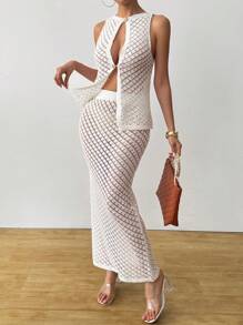 SHEIN Unity Set de 2 piezas de top sin mangas y falda tejidos a ganchillo con diseño calado - Blanco - Ver 6