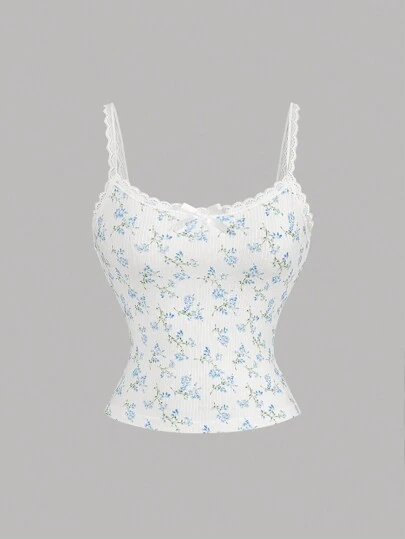 SHEIN MOD Blue Ditsy Floral Lace Camisole For Women, Cute Cami, Layering Top, Sexy Top