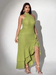 Viva Relle Plus Size Women Elegant Casual Halter Neck Sleeveless Bodycon Textured Knit Stretchy Dress - Green - View 6