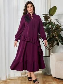 Lacomfia 大码高领贴花优雅连衣裙 - 紫色 - 查看 3