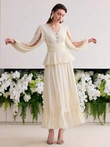 MOTF Soiréza ROBE À VOLANTS OURLET EN DENTELLE CONTRASTÉE - Beige - Voir 5