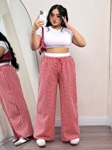 SHEIN ICON Plus Size Red & White Plaid Double Waistband Casual Straight Leg Pants, Spring/Summer - Red and White - View 6