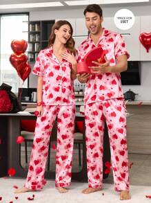 Men's Heart Print Pajama Set, Boyfriend Gift - Pink - View 3