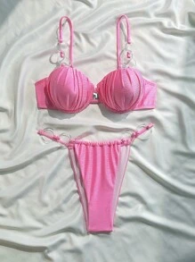 Soleia Pink Push Up Bikini Set With Clear Ring Straps And Textured Cups For Women,Bathing Suits For Women - Pink - View 5