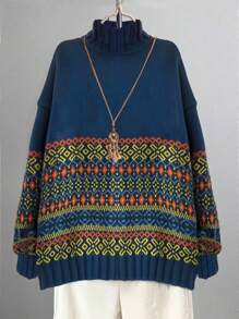 SHEIN LUNE Printed Turtleneck Women Sweater, Casual And Fashionable For Daily Wear Knit Pullover Fall Winter